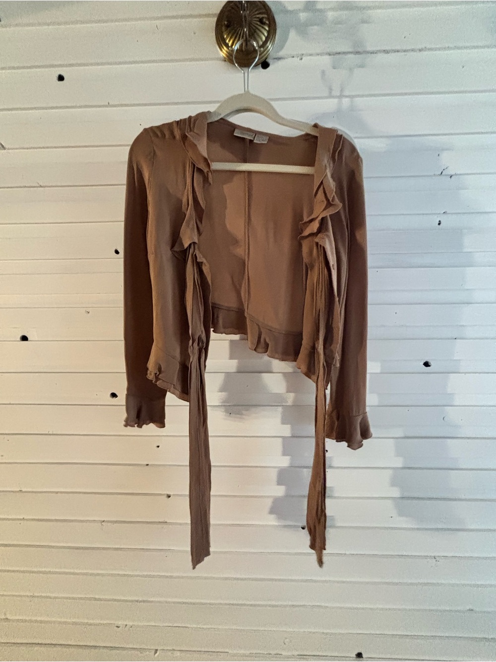 Vintage Tan Ruffle Tie-Front short top